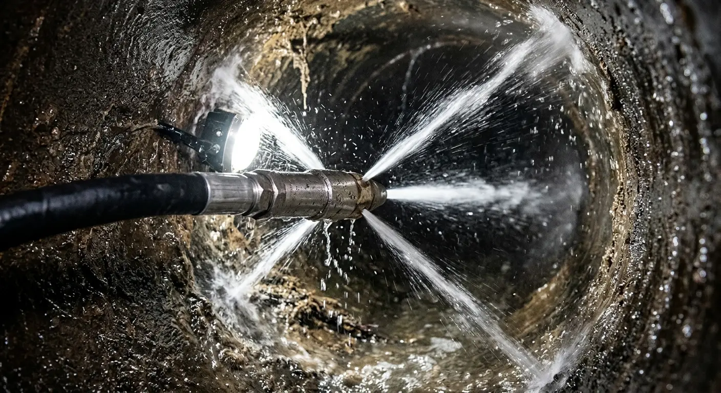 High-pressure hydro jetting nozzle cleaning sewer pipe for Trenchless Sewer Repair in Lawton