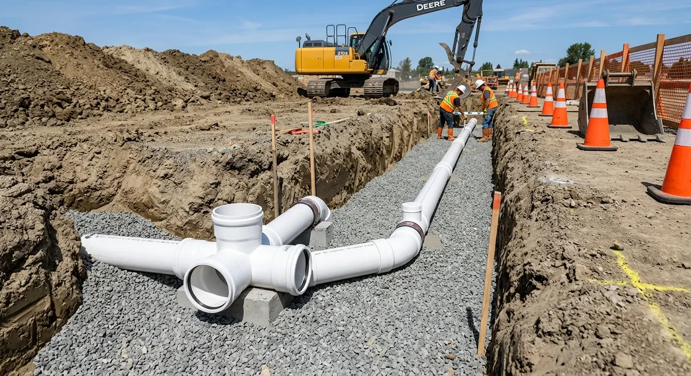 New PVC sewer pipe installation in open trench for Commercial Drain Cleaning in Lawton