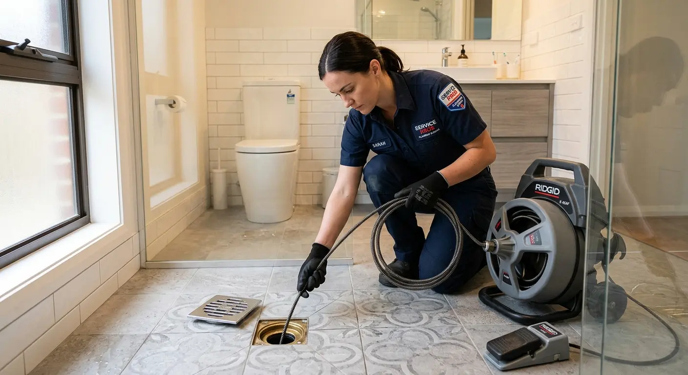 Technician clearing a bathroom floor drain for Hydro Jetting in Lawton